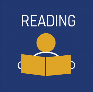 Icon that says reading with graphic of a person reading a book