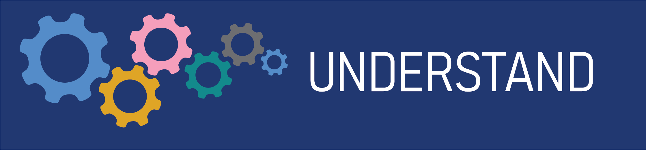 Dark blue banner with word 'understand' and icons of turning cogs