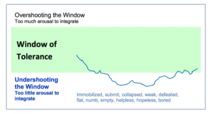 Undershooting the window - blue line appearing in lower half of diagram with the words numb, helpless, defeated, weak