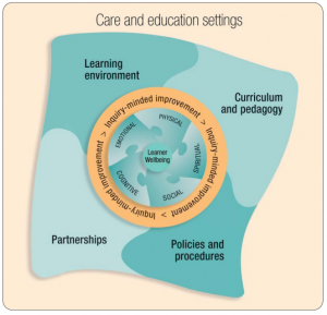 Diagram of learner wellbeing framework which includes learning environment, curriculum and pedagogy, partnerships and policies and procedures