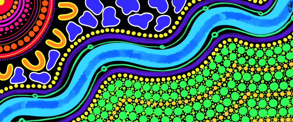 Aboriginal dot artwork. This piece tells the story of how, with the right planning and organisation (represented by the pink and orange community gathering in the top left-hand corner), students can utilise the learning tools they have developed during their studies (represented by the royal blue rocks) to overcome assessment challenges (represented by the diagonal watercourse). ‘”Greener pastures” (represented by the green dotwork) can be achieved with the right assessment planning