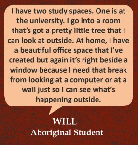 Quote in speech bubble, "I have two study spaces. One is at the university. I go into a room that’s got a pretty little tree that I can look at outside. At home, I have a beautiful office space that I’ve created but again it’s right beside a window because I need that break from looking at a computer or at a wall just so I can see what’s happening outside." Quote from Will, Aboriginal student.