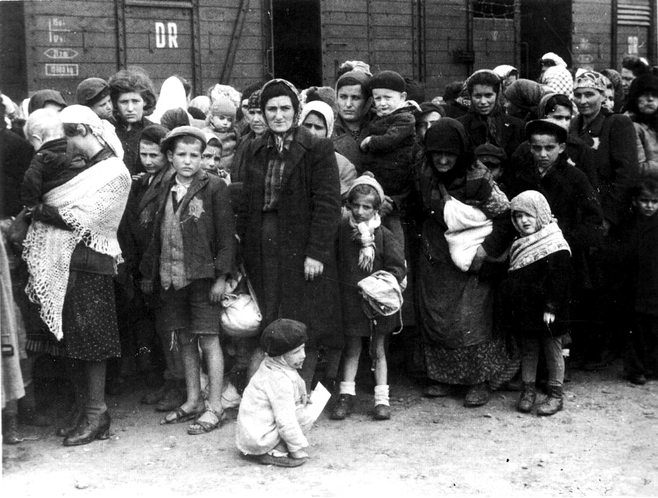 Black and white photograph German Nazi death camp Auschwitz in Poland, arrival of Hungarian Jews, Summer 1944.