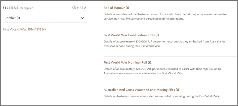 Screenshot of search results from Australian War Memorial website.