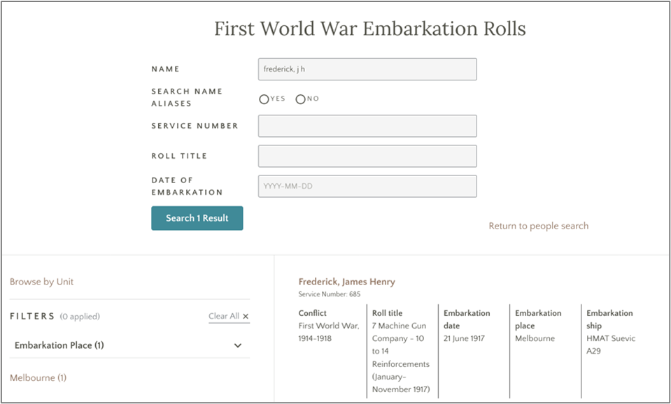 Screenshot of First World War Embarkation Rolls search