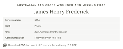 Screenshot of wounded and missing file for James Henry Frederick