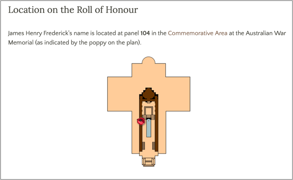 Depiction of location of James Henry Frederick's name on Roll of Honour