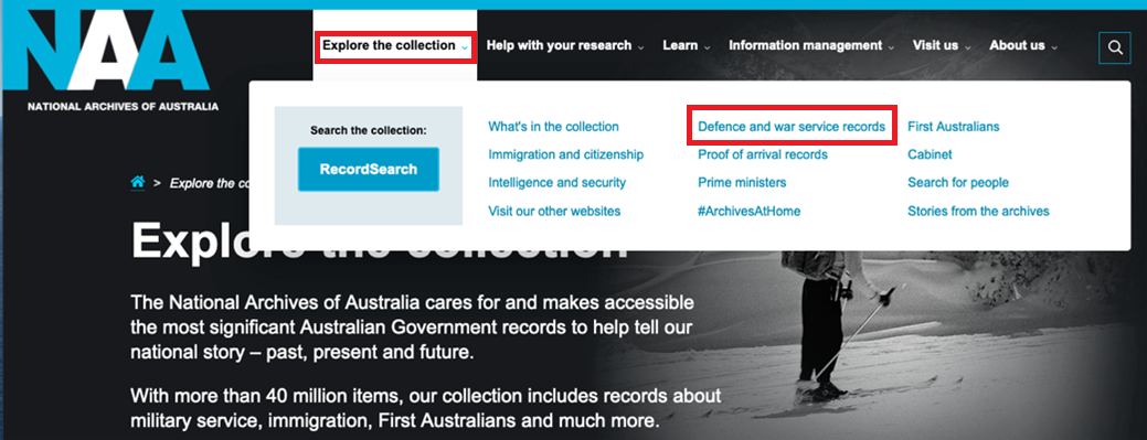 Homepage of the National Archives of Australia.