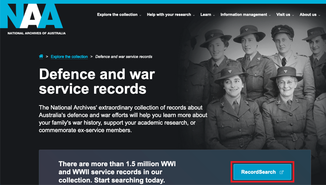 Screenshot of National Archives of Australia defence and war service records.