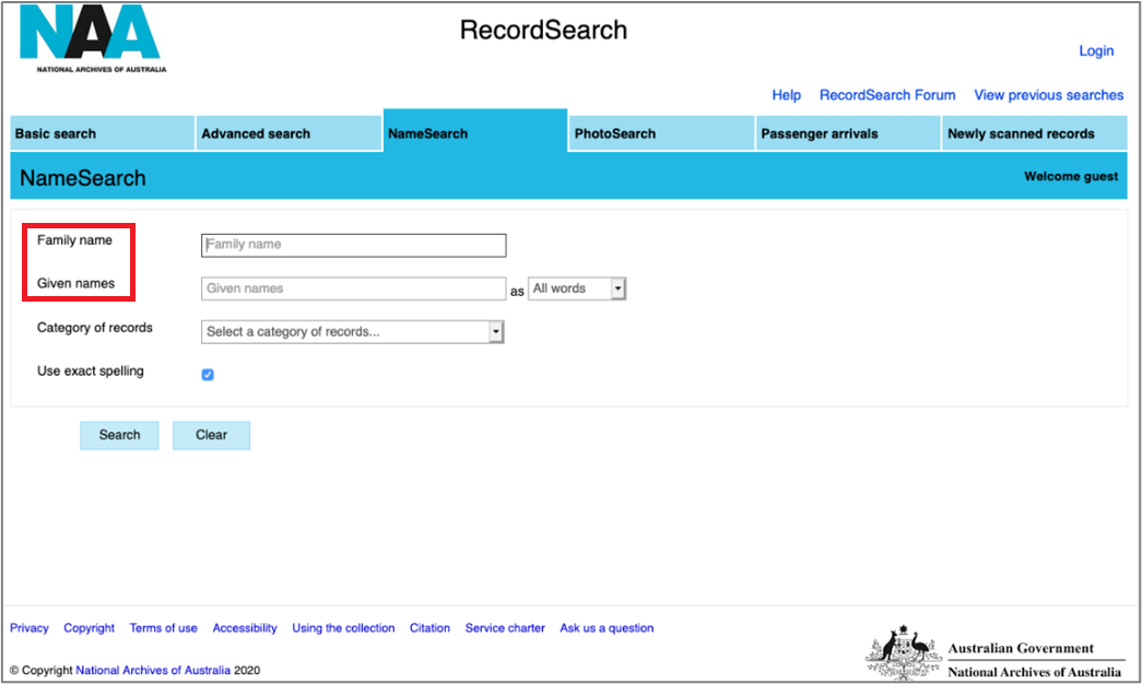 Record search page of National Archives of Australia