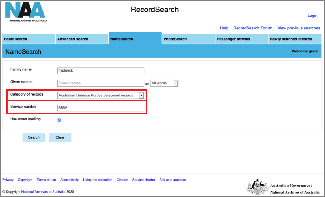 Screenshot of filled out search page on National Archives of Australia website.