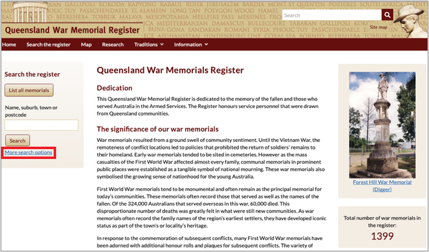 Screenshot of Queensland War Memorial Register webpage.