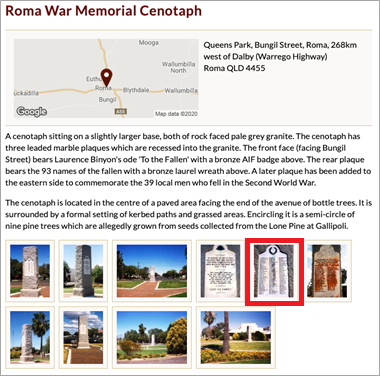 Screenshot of Roma Memorial Centoaph from War Memorial Register with images and text