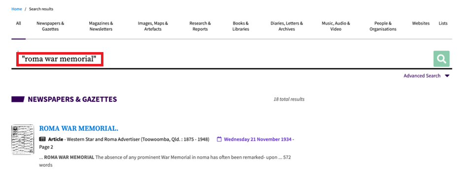 Screenshot of searching for newspapers in Trove
