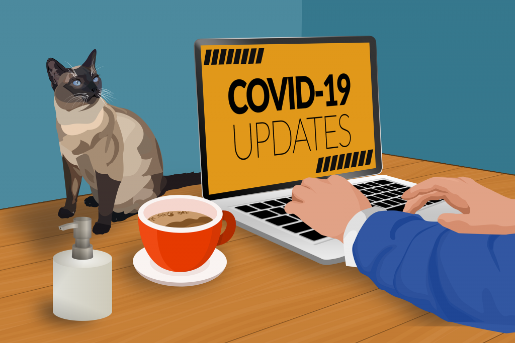 Cartoon of employee weokring from home with coffee and cat on desk and laptopp that says covid updates