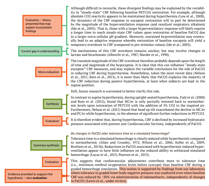 Annotated body of literature review with comments on the side including: evaluation - theory presented that may explain inconsistent findings; current gap in understanding, more evaluation, synthesis, evaluation