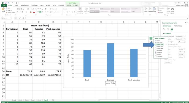 Excel spreadsheet with pop up box, highlighting the deleting chart title option