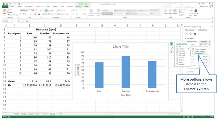 Excel spreadsheet highlighting the format access tab, and the more options button