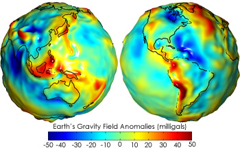 The geoid undulations of Earth, using units of gravity in colour