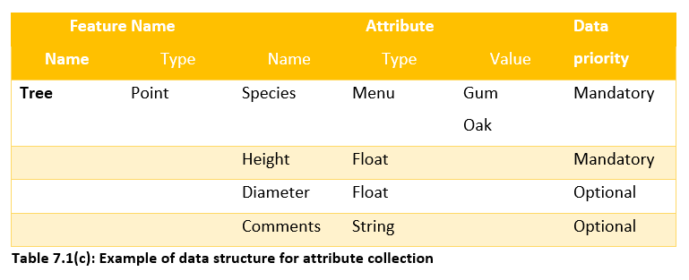 Example of data structure for attribute collection in a table