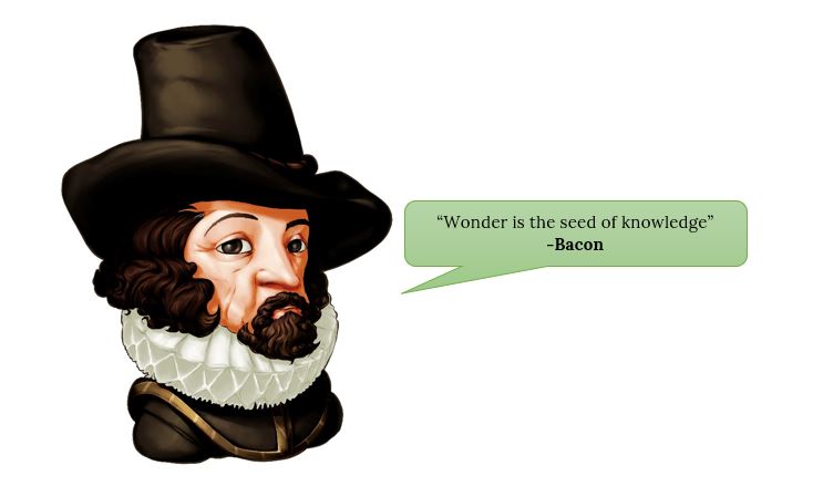 Cartoon character of traditional English man will frilled collar and big hat. A speech bubble comes from his mouth stating 'wonder is the seed of knowledge'