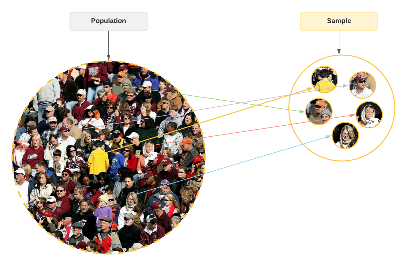 A diagram representing a population vs a sample/