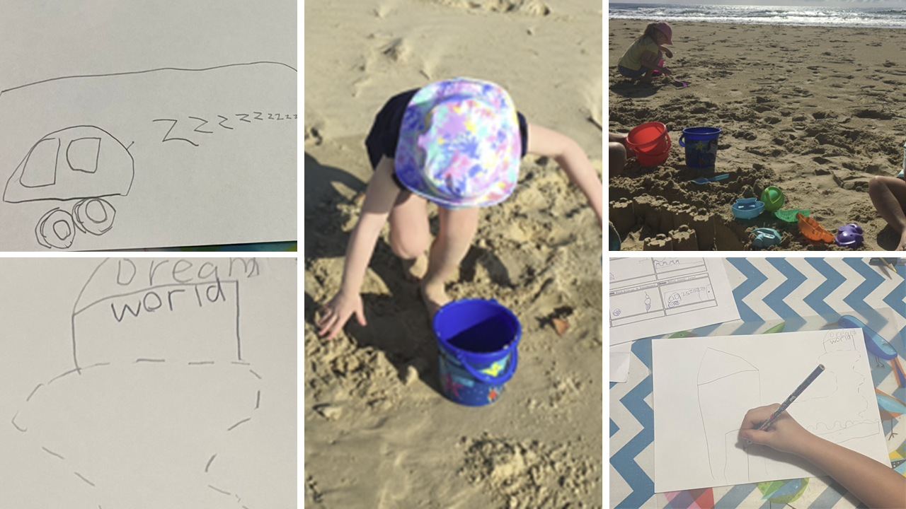 Five pictures of child drawing, drawing of car and dreamworld and photos of child playing at the beach