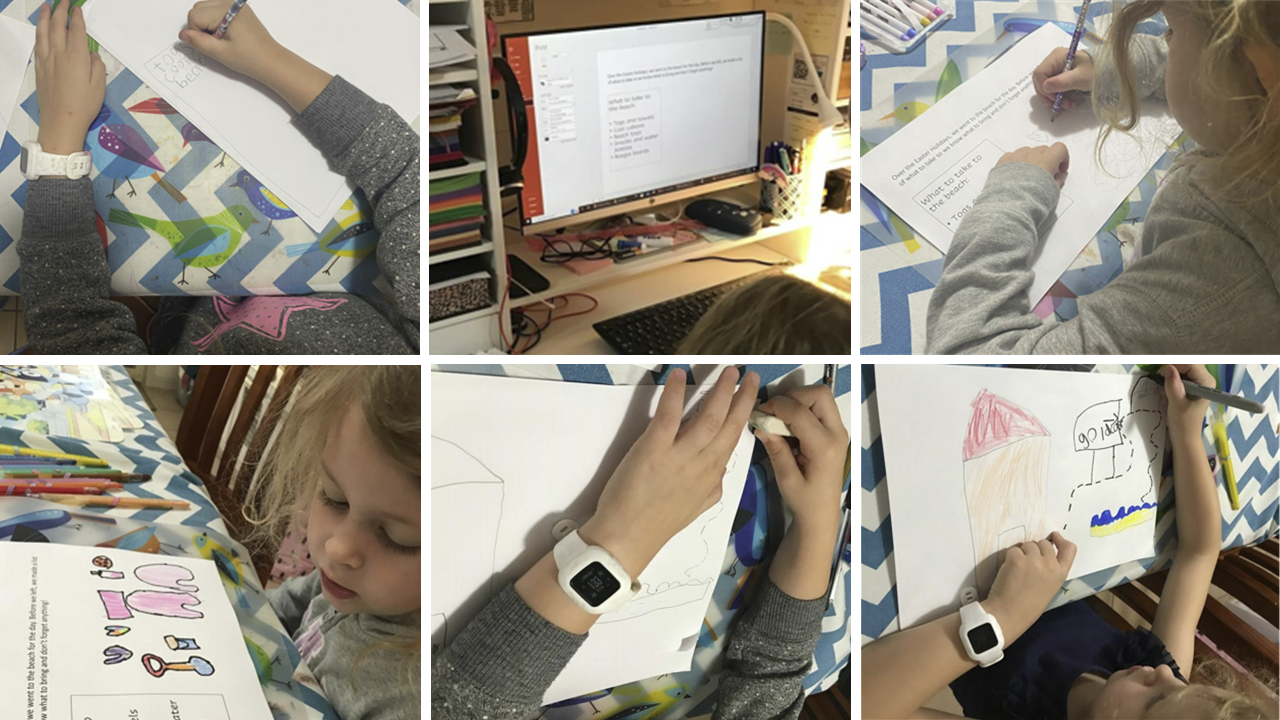 six photos of child writing, working at the computer, reading and drawing