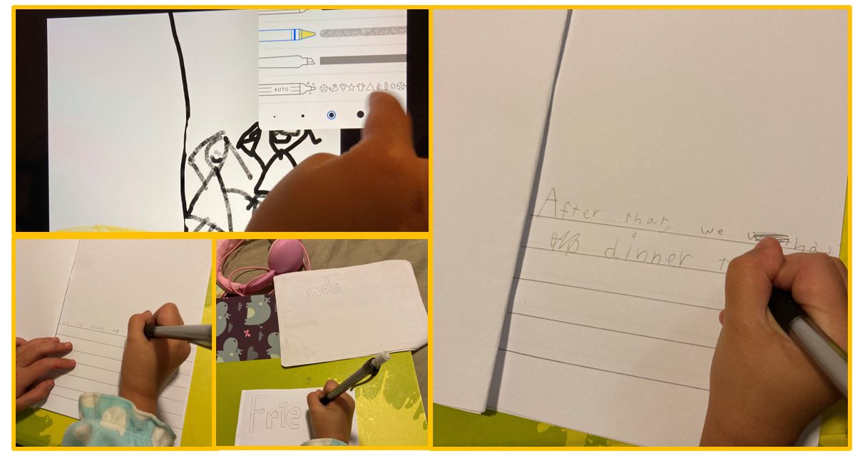Four photos of child's hand either drawing or writing on paper and tablet