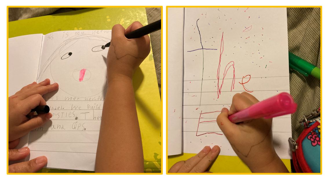 Two photos of child's handwriting and drawing