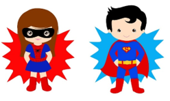 Cartoon characters of little girl and boy dressed in wonder woman and superman outfits
