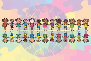 Cartoon row of children holding hands