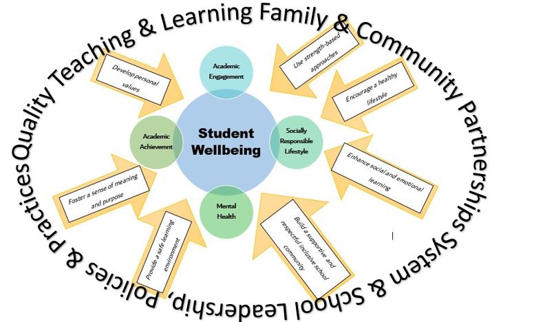 Student wellbeing pathway diagram including academic engagement, socially responsible lifestyle, mental health and academic achievement