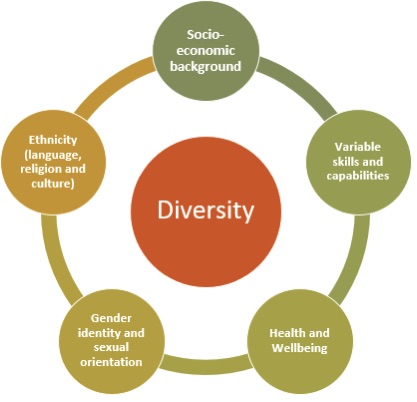 Diagram about diversity which includes factors such as socio-economic background, skills, health and wellbeing, gender identity and sexuality and ethnicity