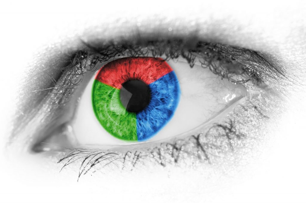 An eye where the iris is split into three colours: red, green, and blue