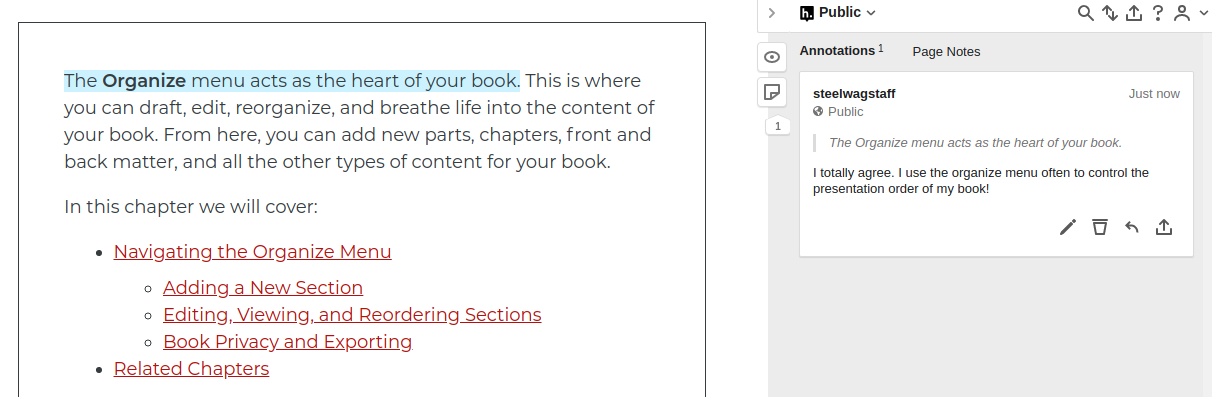 Screenshot of annotation appearing on the side of a Presbooks page