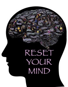 Diagram of a brain with lots of words in it with the biggest phrase being 'Reset your mind'