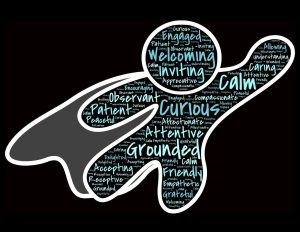 Outline of child superhero with words inside it's body like curious, grounded, attention, calm, welcoming, accepting