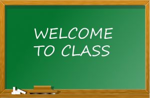 A decorative image of a blackboard with the words 'welcome to class'.
