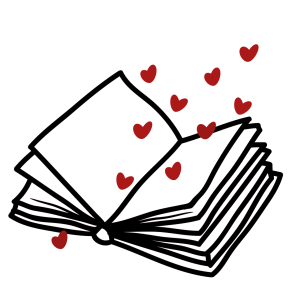 A decorative image of an open book with stylised hearts flying out of the pages.