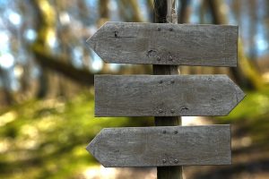A decorative image of a wooden signpost with three blank signs.