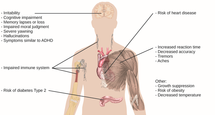 Diagram of human body with the following notes around it: irritability, cognitive impairment, memory lapses, impaired moral judgment, severe yawning, hallucinations, symptoms siilar to ADHD, impaired immune system, risk of type diabetes, risk of heart disease, increased reaction time, decreased accuracy, tremors, aches, growth suppression, risk of obesity, decreased temperature