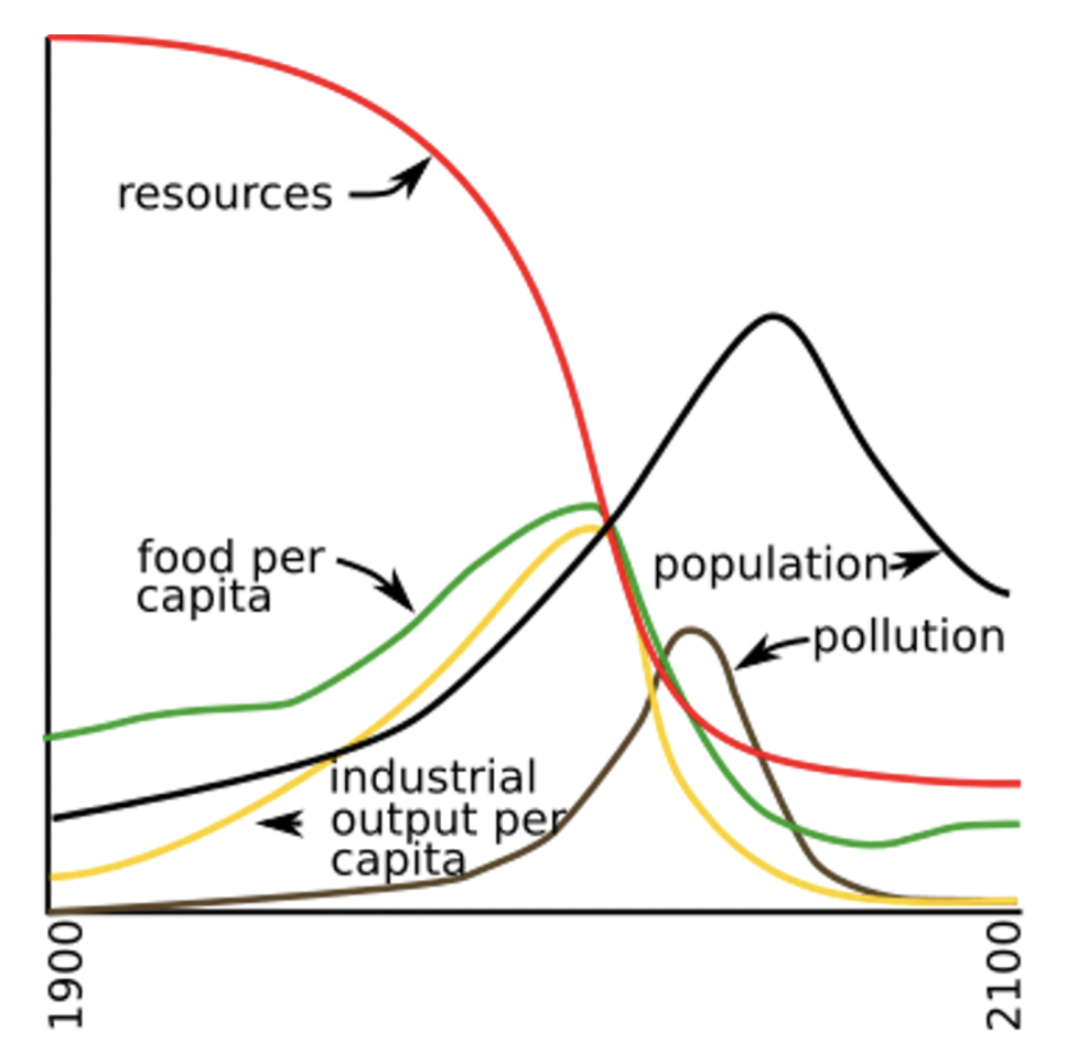A figure from 'The limits to growth' with consumption continuing at the 1970 rate. Depletion of nonrenewable resources leads to a collapse of industrial production, with growth stopping before 2100.
